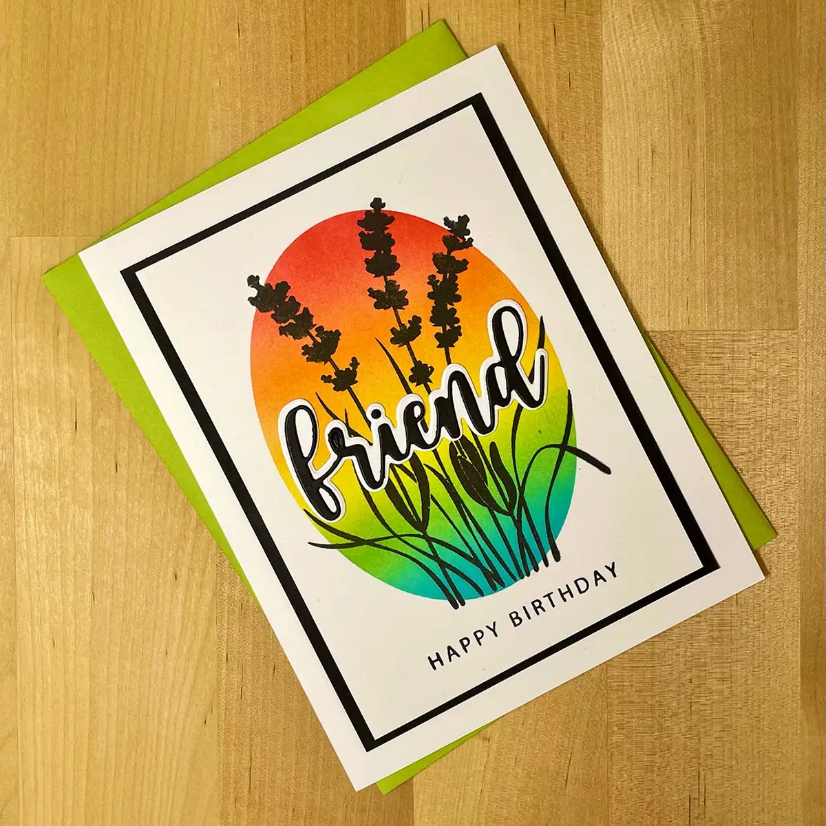 Beautiful silhouette card with rainbow ink blending which makes it perfect for birthday card inspiration.