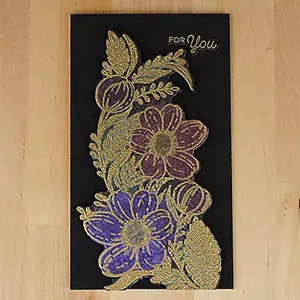 Pretty black hello card with gold embossing and painted with metallic paints.