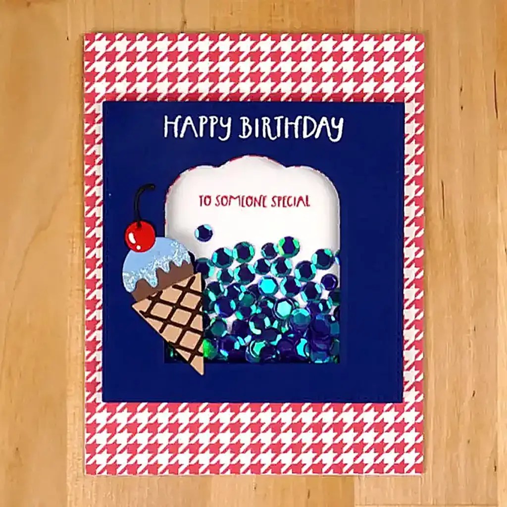 A birthday shaker card with an ice cream cone on it.