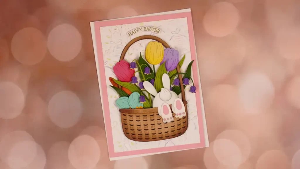 An easter card with flowers and bunnies in a basket.