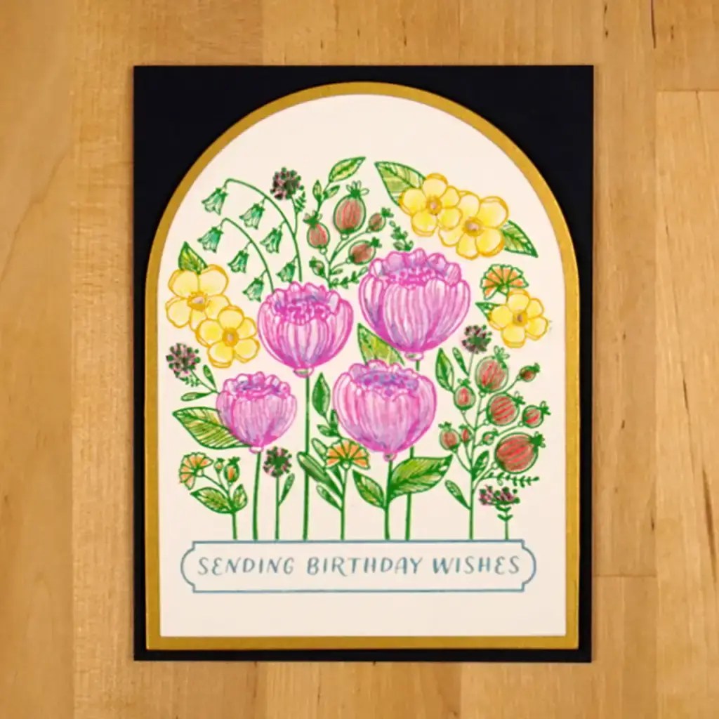 A card with flowers drawn on it.