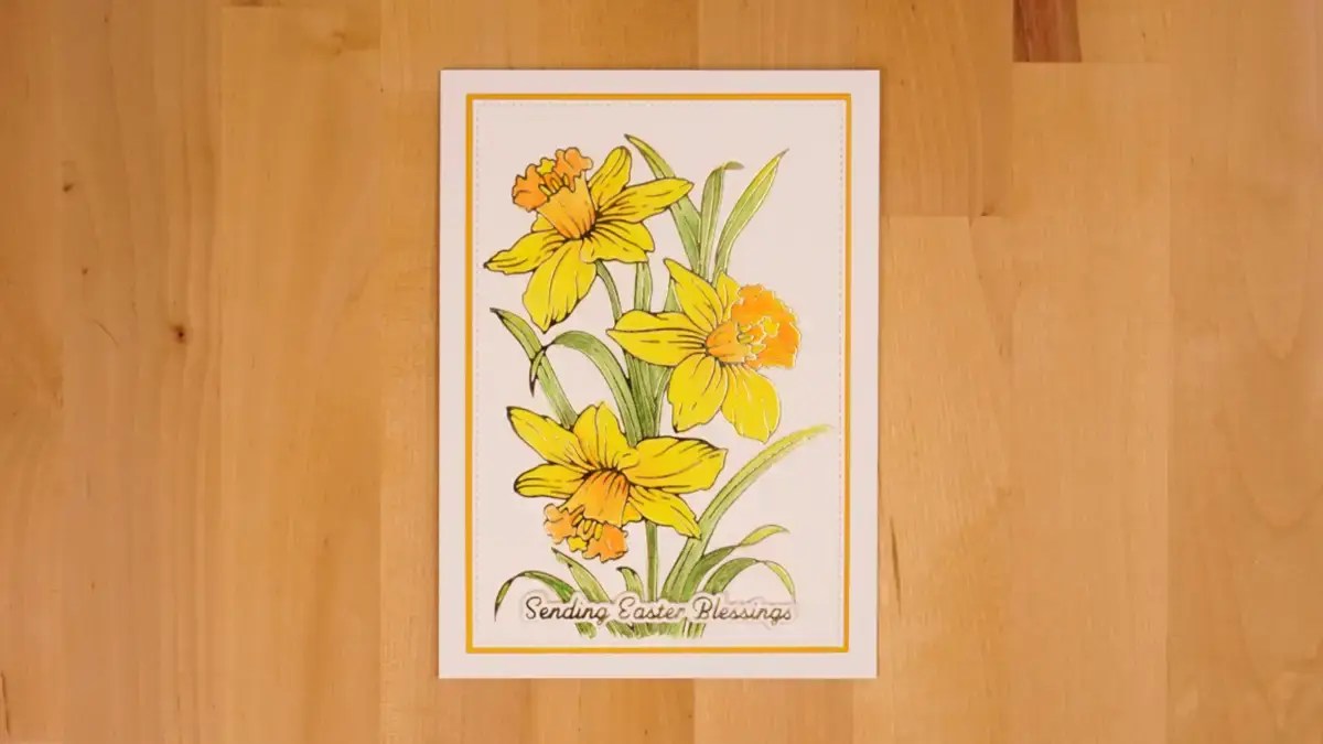 A card with yellow daffodils on it that is sure to stand out.