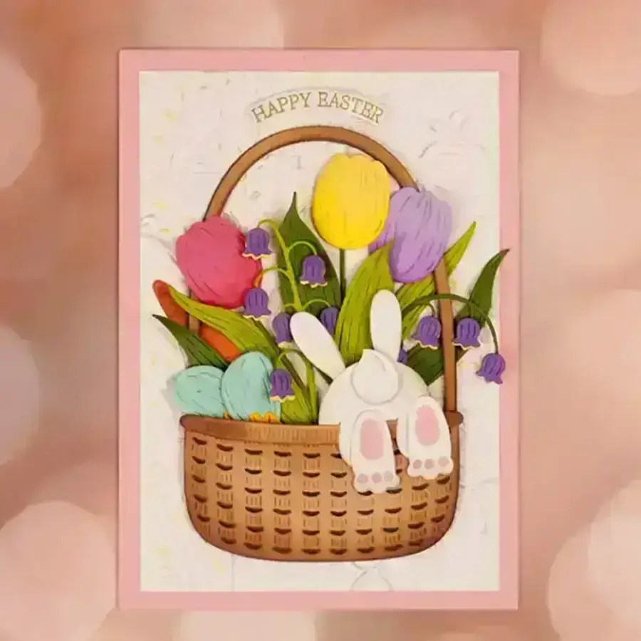 An Easter card with flowers and a bunny in a basket.