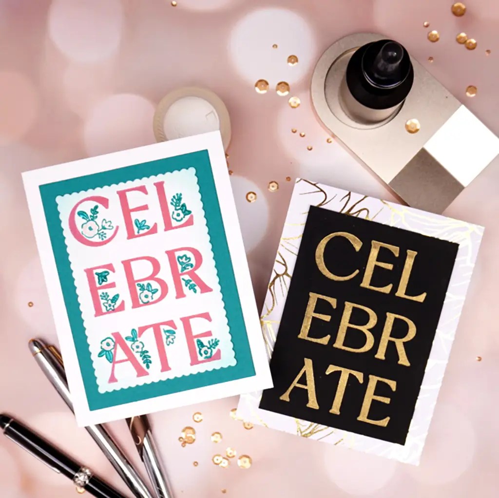 2 Letterpress Greeting Cards Using New Let's Celebrate Registration Press Plate with the Celebration Flowers registration plate from the new Spellbinders release.
