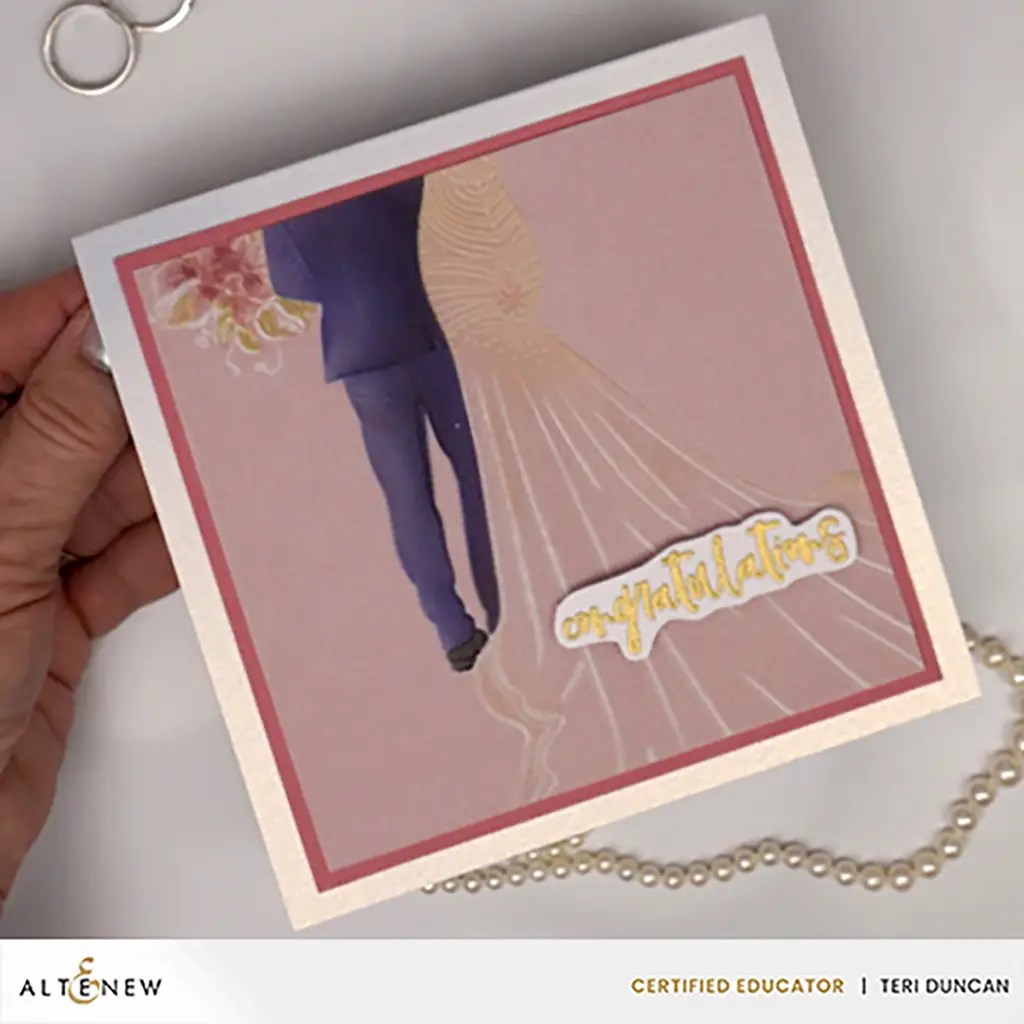 Handmade wedding card with a bride and groom on it. You can watch how to make it on the @Altenew Background Bonanza video hop.