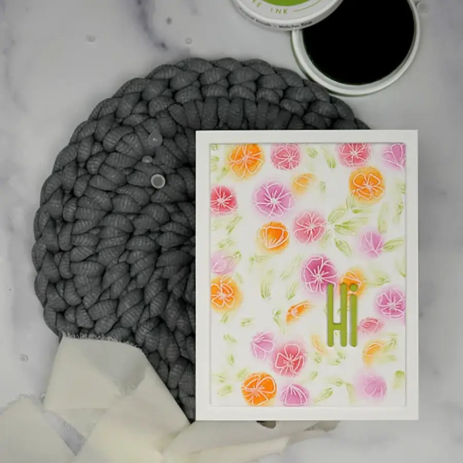 Card made with the Delicate Flower Bed stamp to celebrate Altenew's 10th Anniversary.