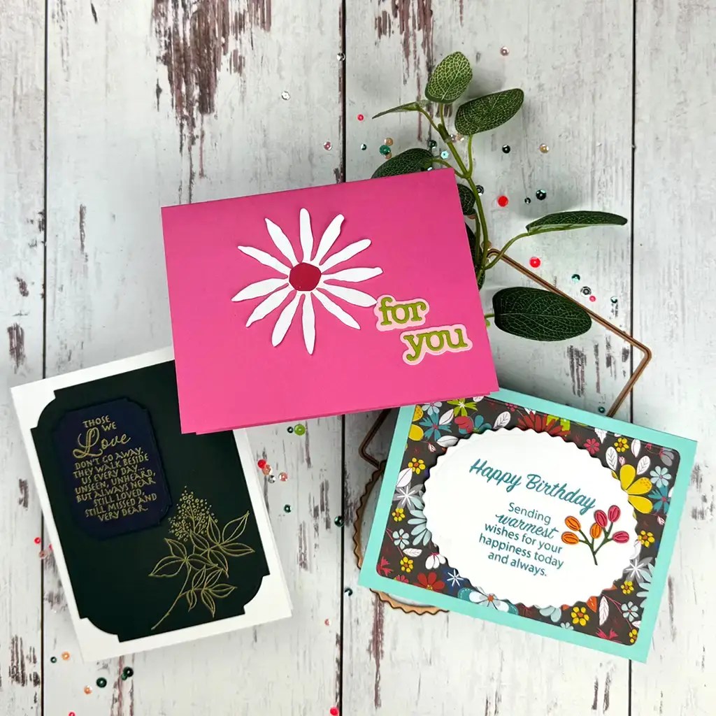 Three handmade greeting cards made with products from Stampendous' new collection All The Sentiments.