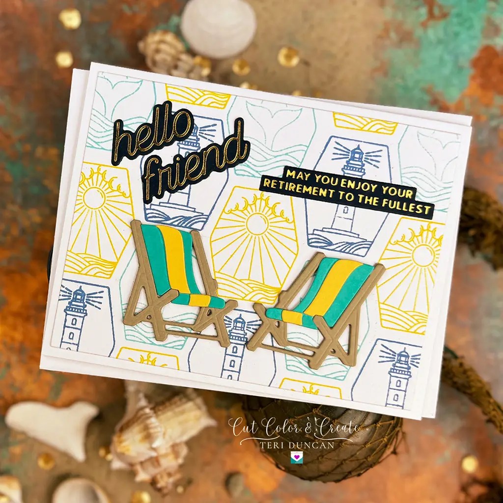 Lovely beachy retirement card with products from Spellbinders' Glimmer, Large Die, and Clear Stamp of the Month.
