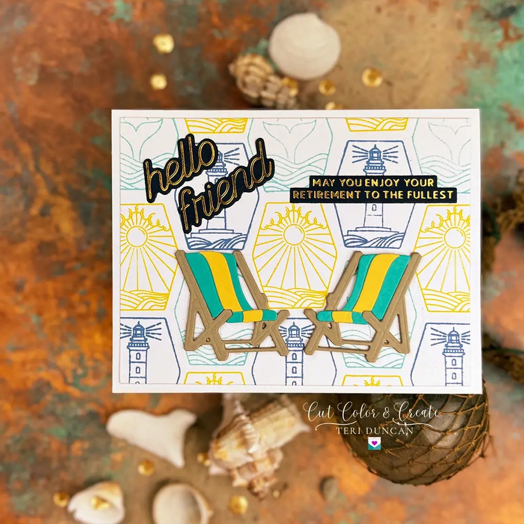 Lovely retirement card with products from Spellbinders' Glimmer, Large Die, and Clear Stamp of the Month.