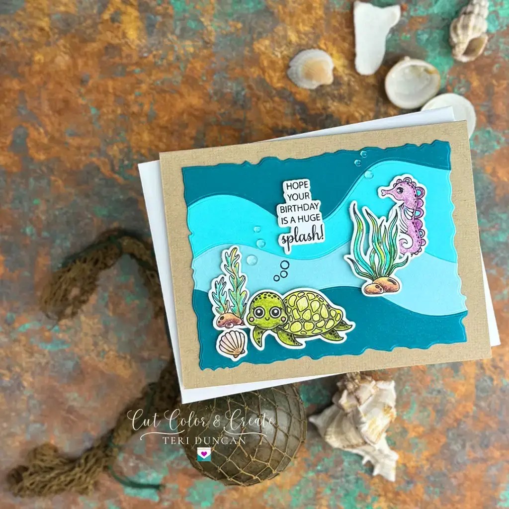 Darling birthday card make with Just Keep Swimming from Gina K has a turtle and a seahorse on it.