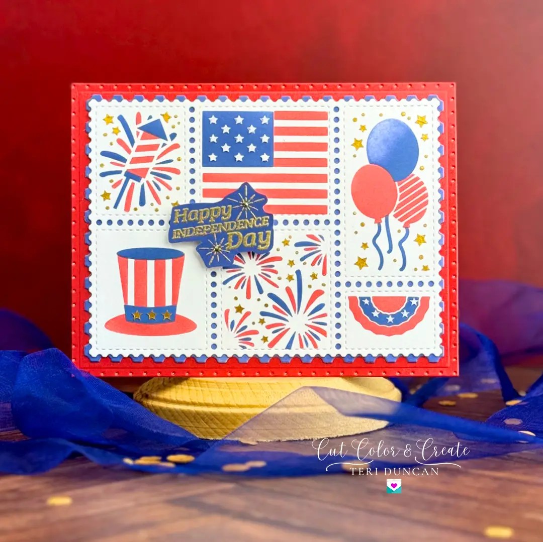 A festive Independence Day greeting card with "Happy Independence Day," adorned with the American flag, balloons, a top hat, and fireworks designs, elegantly framed on a wooden stand with blue ribbon accents.