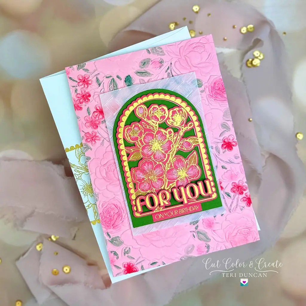 Beautiful birthday card in pinks that features mixed textures for a beautiful effect.