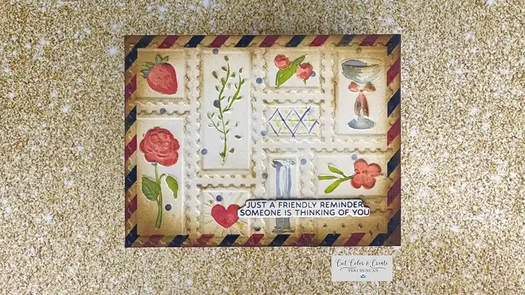 A vintage-style postcard with floral and decorative stamp illustrations. Text reads, "Just a friendly reminder, someone from the April 25 Club Kits is thinking of you.