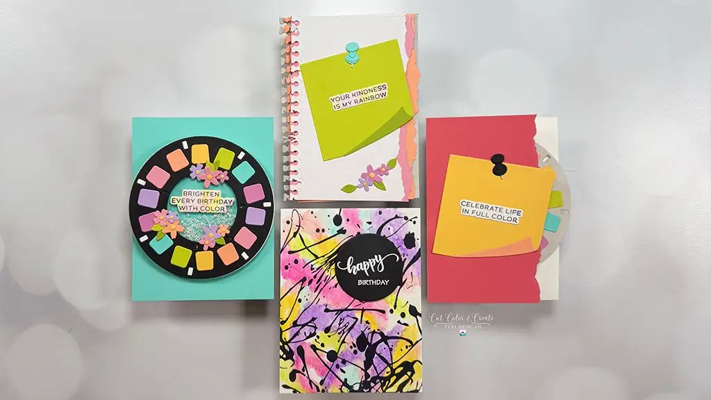 Four colorful handmade greeting cards featuring the Take a Note Collection offer fresh cardmaking ideas—perfect for anyone who loves creative cardmaking. Arranged on a light background for inspiration.