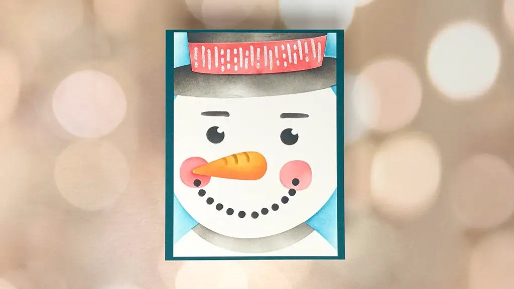 Illustration of a snowman with a red hat, carrot-shaped nose, black eyes, pink cheeks, and a smiling mouth made of black dots.