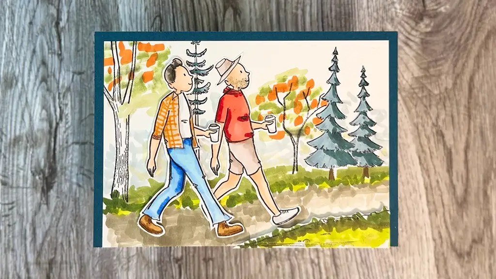 Happy trails camping card features two guys walking on a path together through the woods