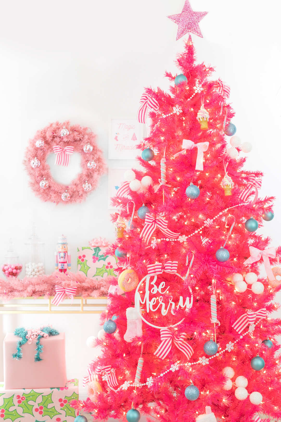 7 Pre Lit Pink Flocked Slim Artificial Christmas Tree Clear Lights Walmart Canada