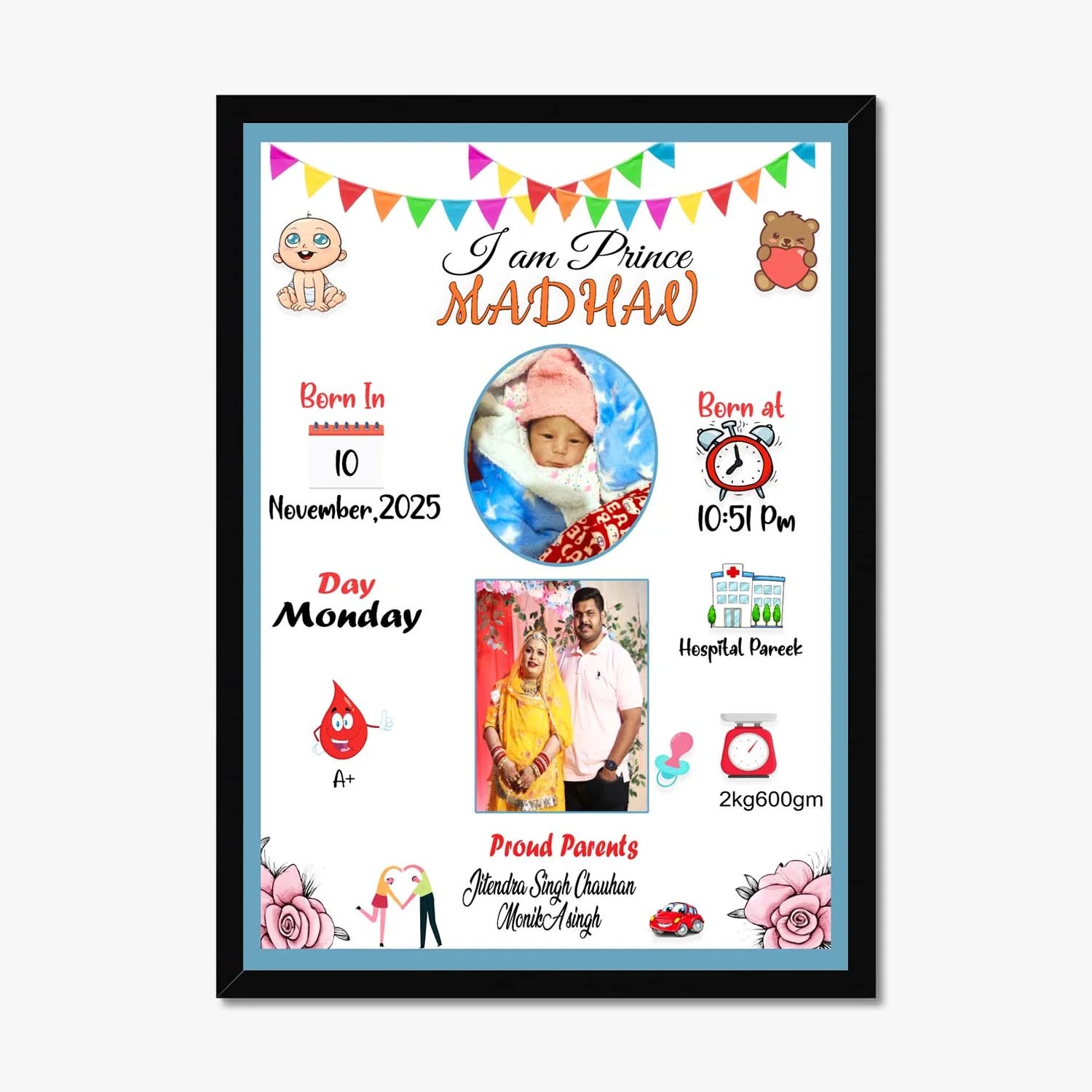 Cutieage Customized Wood Rectangle/Square Collage New Born Baby Photo Frame With Photo Upload For Boy,Girl,Parents And Birth Details Wall Mount|A4 Size Baby Frame|(30X22 CM)