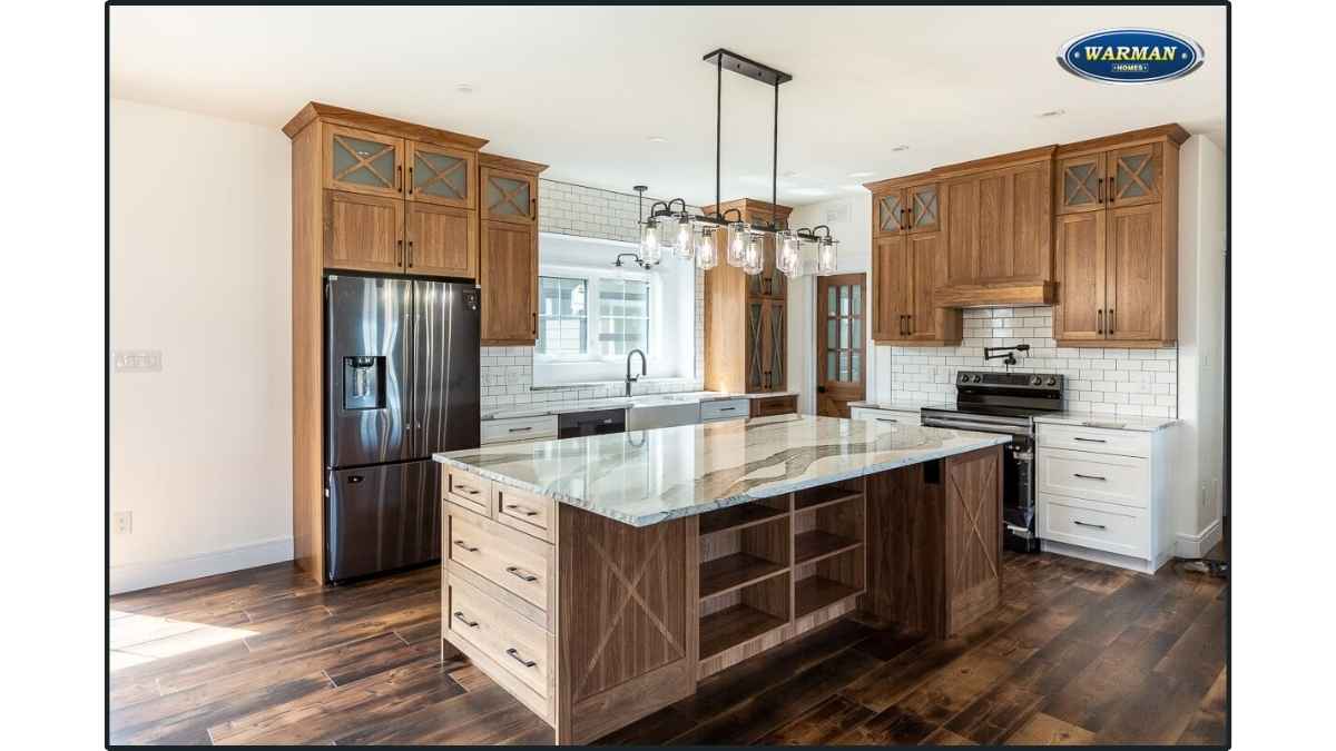 A kitchen with Hickory wood cabinet doors. Wood cabinet doors are available in a variety of wood species.