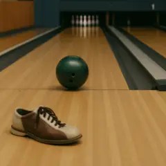 A green bowling ball and rental shoes alone on a bowling lane.