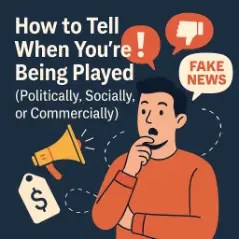 Illustration of a surprised man surrounded by symbols of manipulation, including speech bubbles with "Fake News," a thumbs-down, and an exclamation point, along with a megaphone and price tag. The title reads, "How to Tell When You're Being Played (Politically, Socially, or Commercially)."
