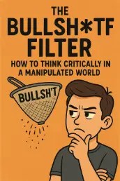 Cartoon image of a skeptical man looking at a strainer labeled “BULLSHT,” with the title “The Bullsht Filter: How to Think Critically in a Manipulated World” above him.
