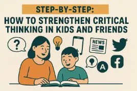 Feature image with the title “Step-by-Step: How to Strengthen Critical Thinking in Kids and Friends,” showing a parent and child reading a book together, surrounded by icons of lightbulbs, question marks, social media, and news.