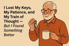 Elderly man smiling while holding a set of keys and a coffee mug, reflecting a lighthearted moment of personal chaos.