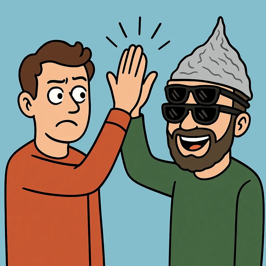 A confused person high-fiving a conspiracy theorist wearing a foil hat and multiple sunglasses.