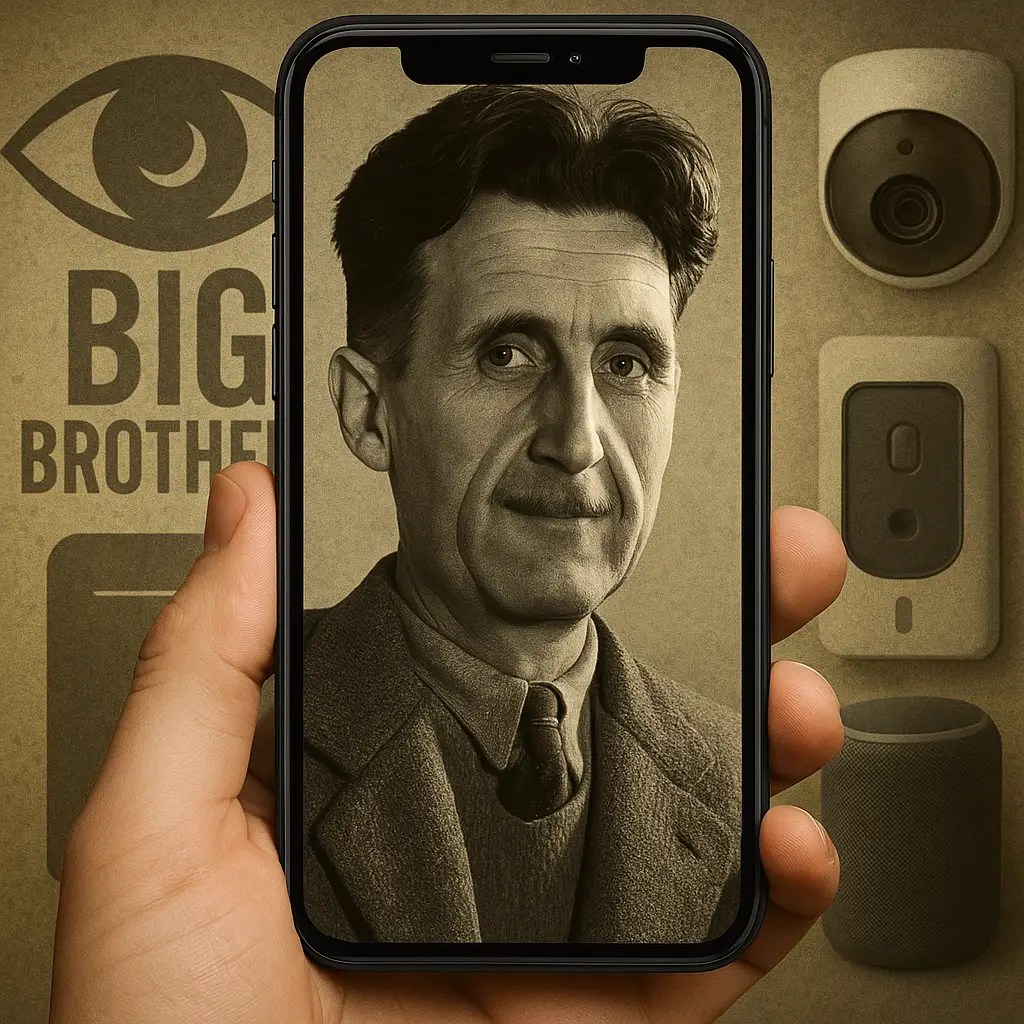 George Orwell’s face appears inside a smartphone screen held by a human hand, with a background showing surveillance cameras, smart speakers, and the phrase “BIG BROTHER.”