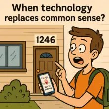Cartoon man holding a phone that says “You’ve arrived,” standing in front of the wrong house with a visible address number "1246," looking confused.