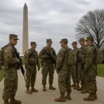 National Guard soldiers in camouflage uniforms stand in formation on a walkway near the Washington Monument in Washington, D.C., under an overcast sky.