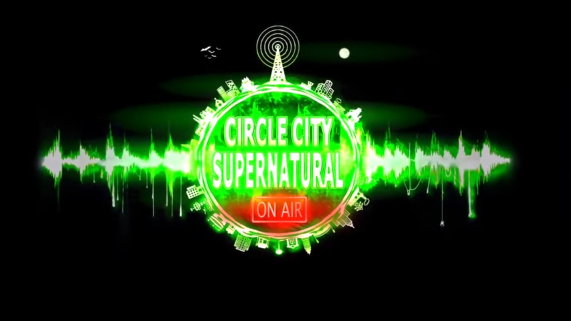 Circle City Supernatural (2023) title. Green neon lights for the letters and the circle that surrounds them, over a black background.