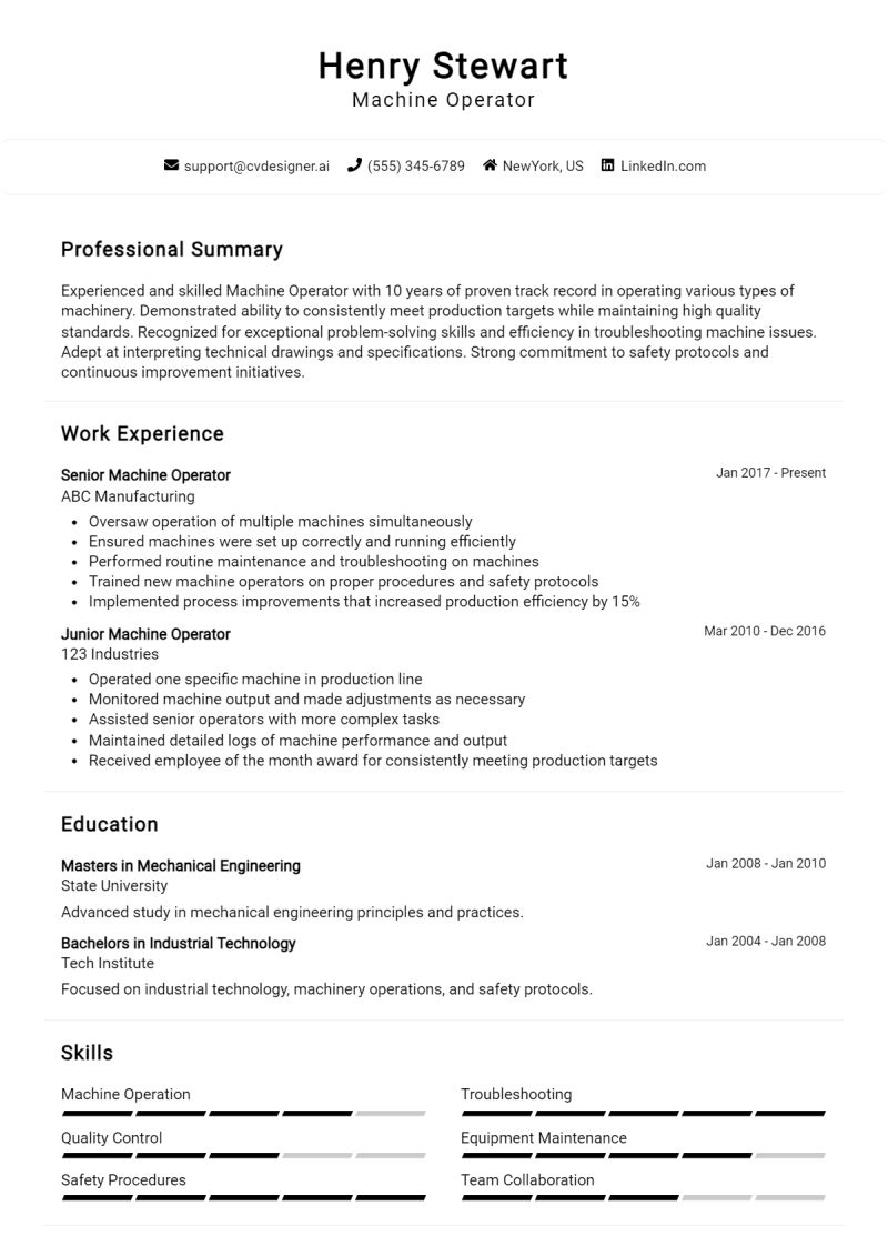Machine Operator Resume Example Machine Operator Cv Examples Guide - Premium Light Illustration Gallery - Desktop
