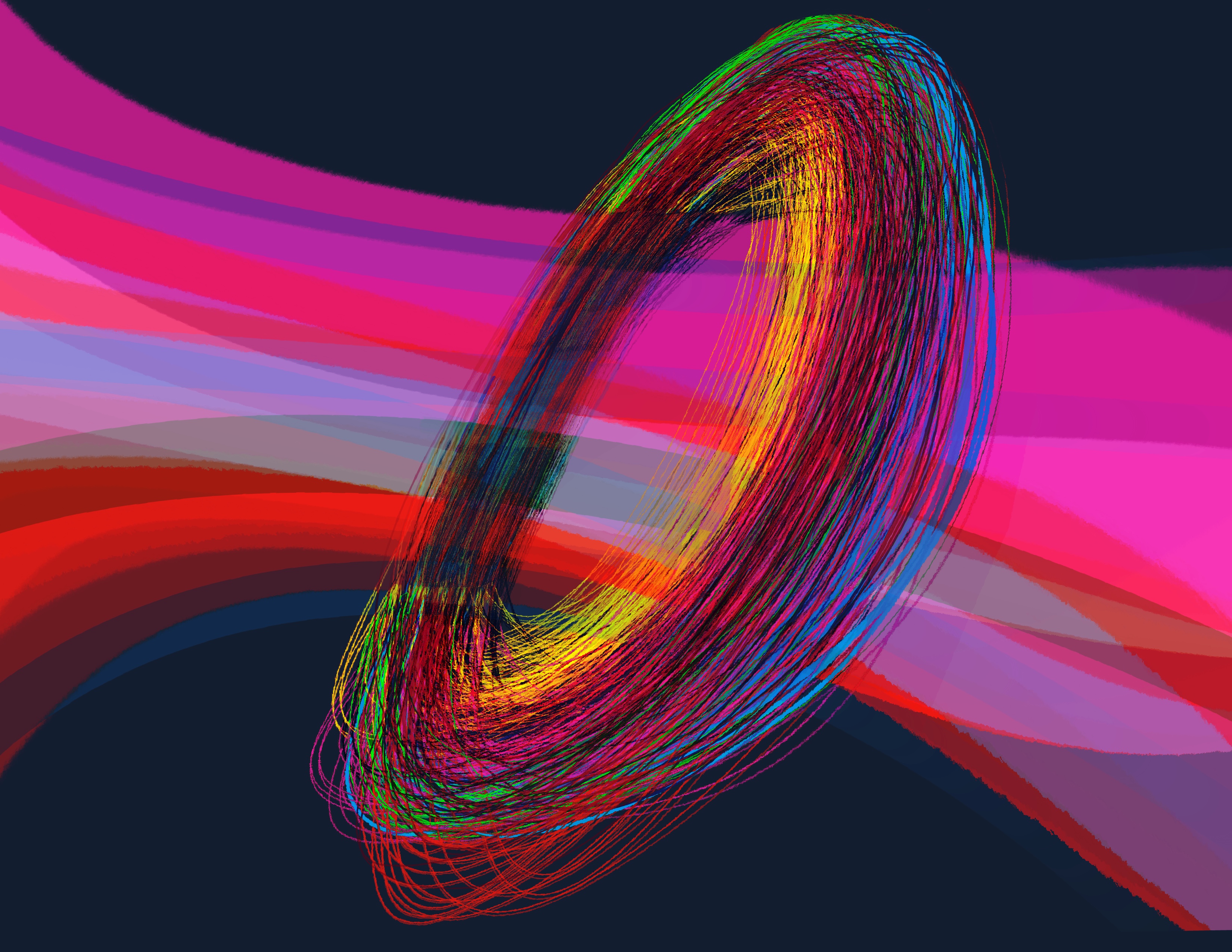 An abstract image of electrical waves running through a ring of wiring.