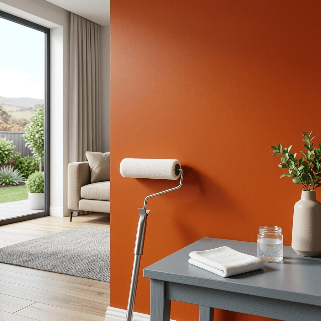 Paint roller resting against a warm orange accent wall in a modern living room, with a gray table, cloth, and plant nearby.