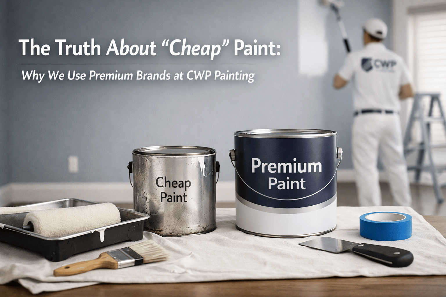Two paint cans labeled 'Cheap Paint' and 'Premium Paint' sit on a table with a roller tray and brush, while a painter works in the background on a wall article about premium brands.