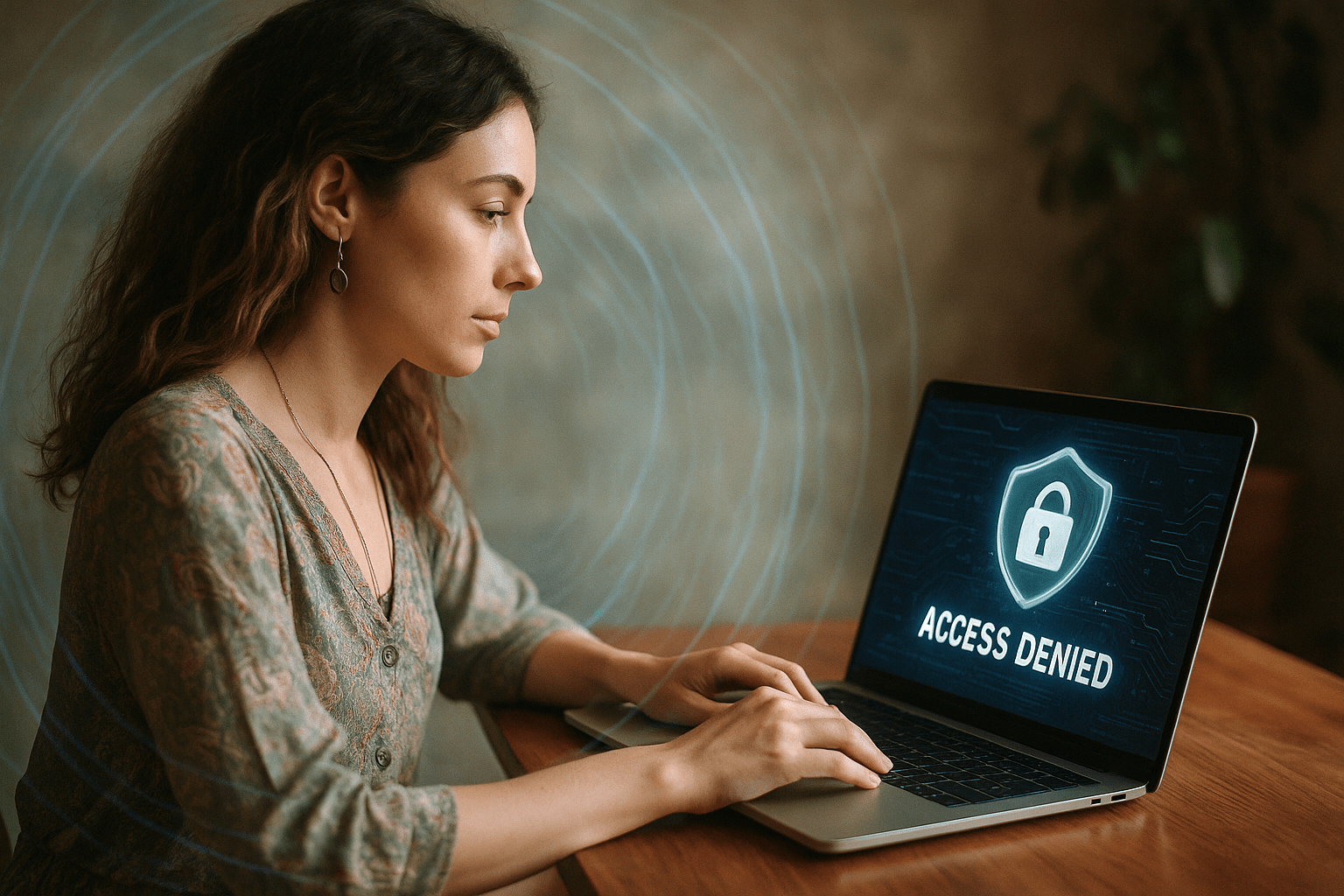 A young woman with wavy chestnut hair sits at a wooden desk, viewed in side profile, working on a laptop that displays an “Access Denied” screen. A glowing, wavy energy shield surrounds her, symbolizing digital and emotional boundaries.