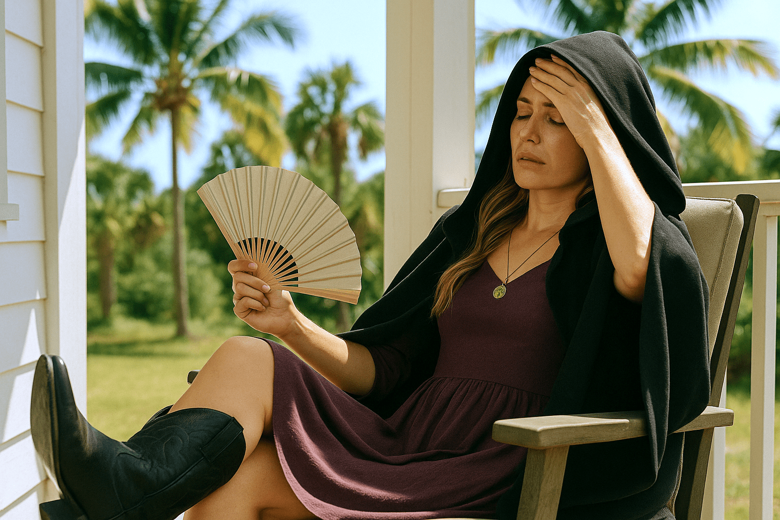 A fair-skinned woman with long blonde hair and blue eyes sits on a porch lounge chair under bright sun, wearing a black hooded cloak over a plum dress and dark cowboy boots. She looks hot and exhausted, fanning herself with a beige hand fan while resting her other hand on her forehead. Palm trees sway in the sunny Florida-like background, evoking oppressive heat and environmental fatigue.