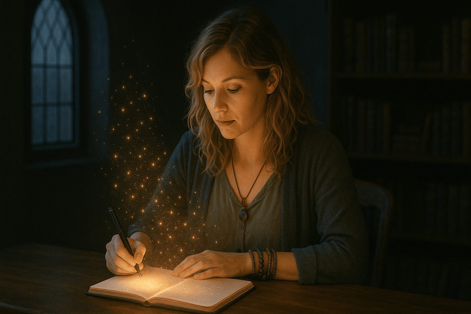 Blonde woman writing in a glowing notebook as golden sparkles rise around her in a dim, gothic room.