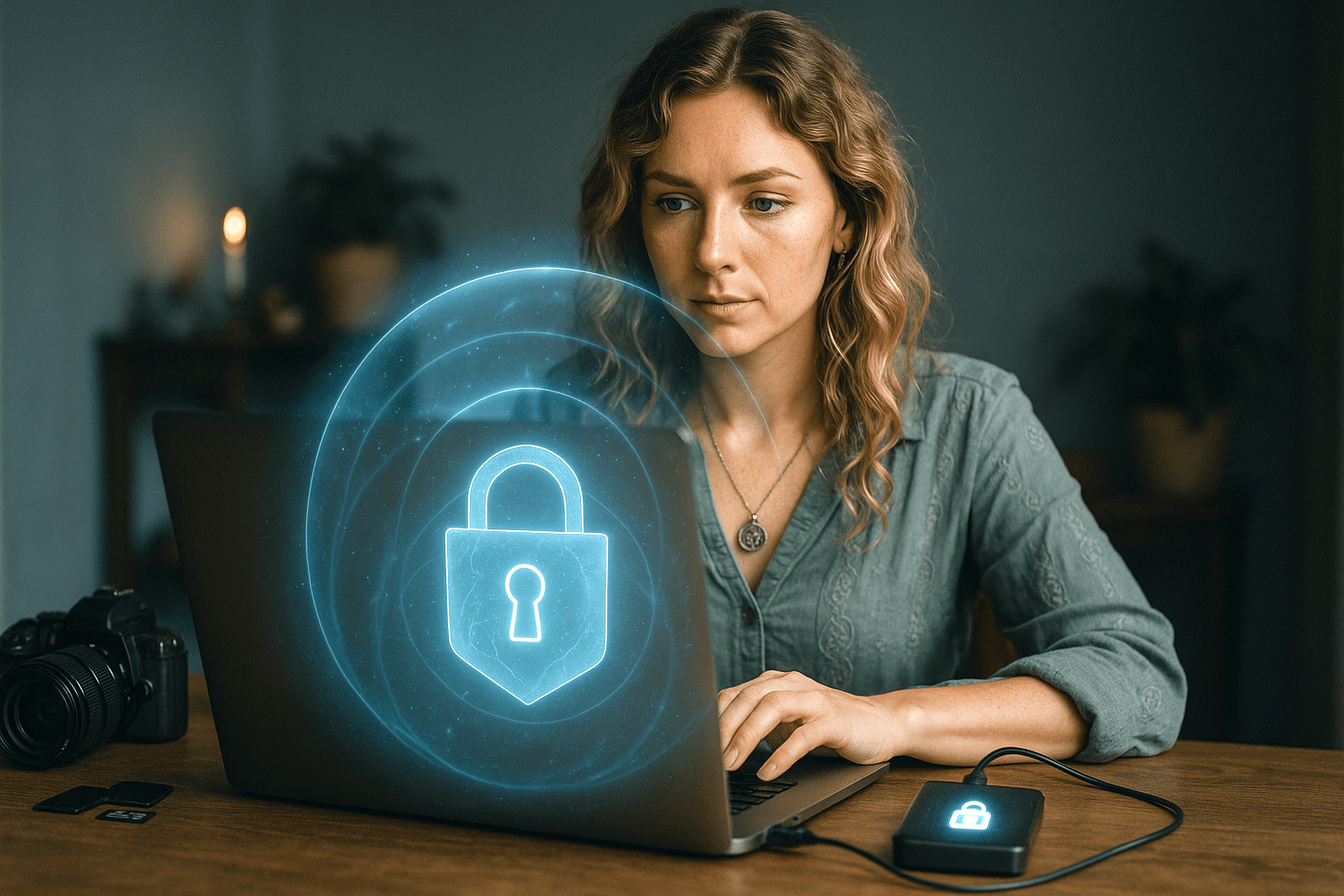 Woman with wavy blonde hair working at her laptop in a softly lit studio, with a glowing lock icon and energy field on the back of the computer and another lock on an external hard drive, symbolizing cybersecurity and data protection for creatives.