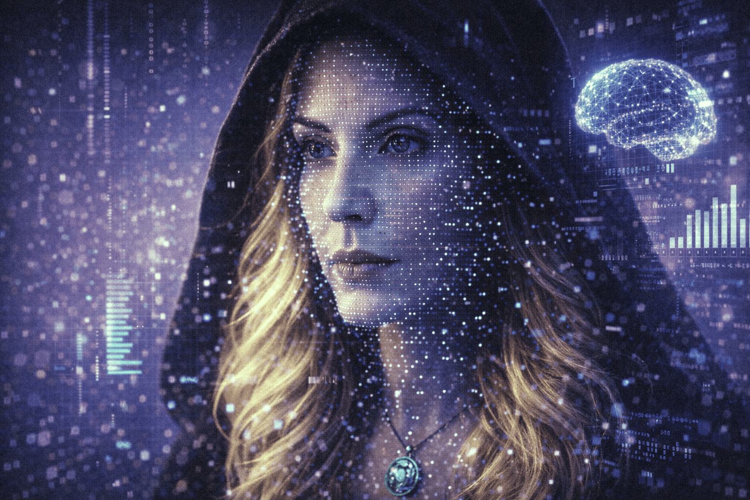 A woman in a black hooded cloak with blonde hair appears partially pixelated, blending into a purple and blue digital background filled with abstract data patterns and AI-inspired graphics.
