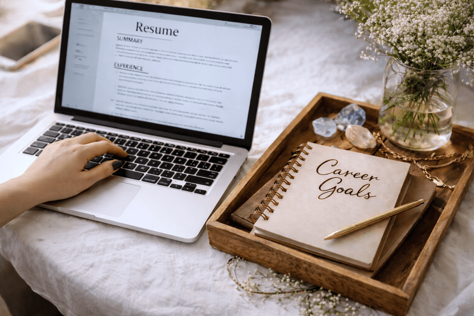 Overhead view of a woman’s hand with charcoal gray nail polish typing on a laptop displaying a resume, next to a notebook labeled “Career Goals,” representing professional risk management and career continuity planning.