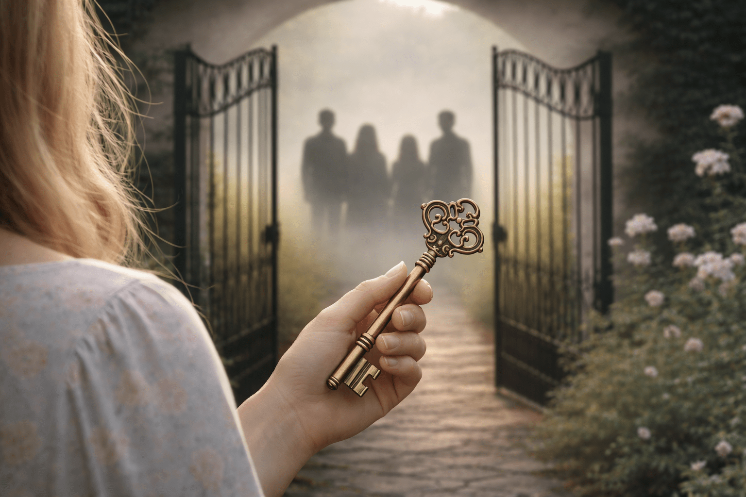 A blonde woman holds an antique brass skeleton key in the foreground while four shadowy figures stand beyond an open wrought-iron gate on a misty garden path, suggesting personal access management and access control.