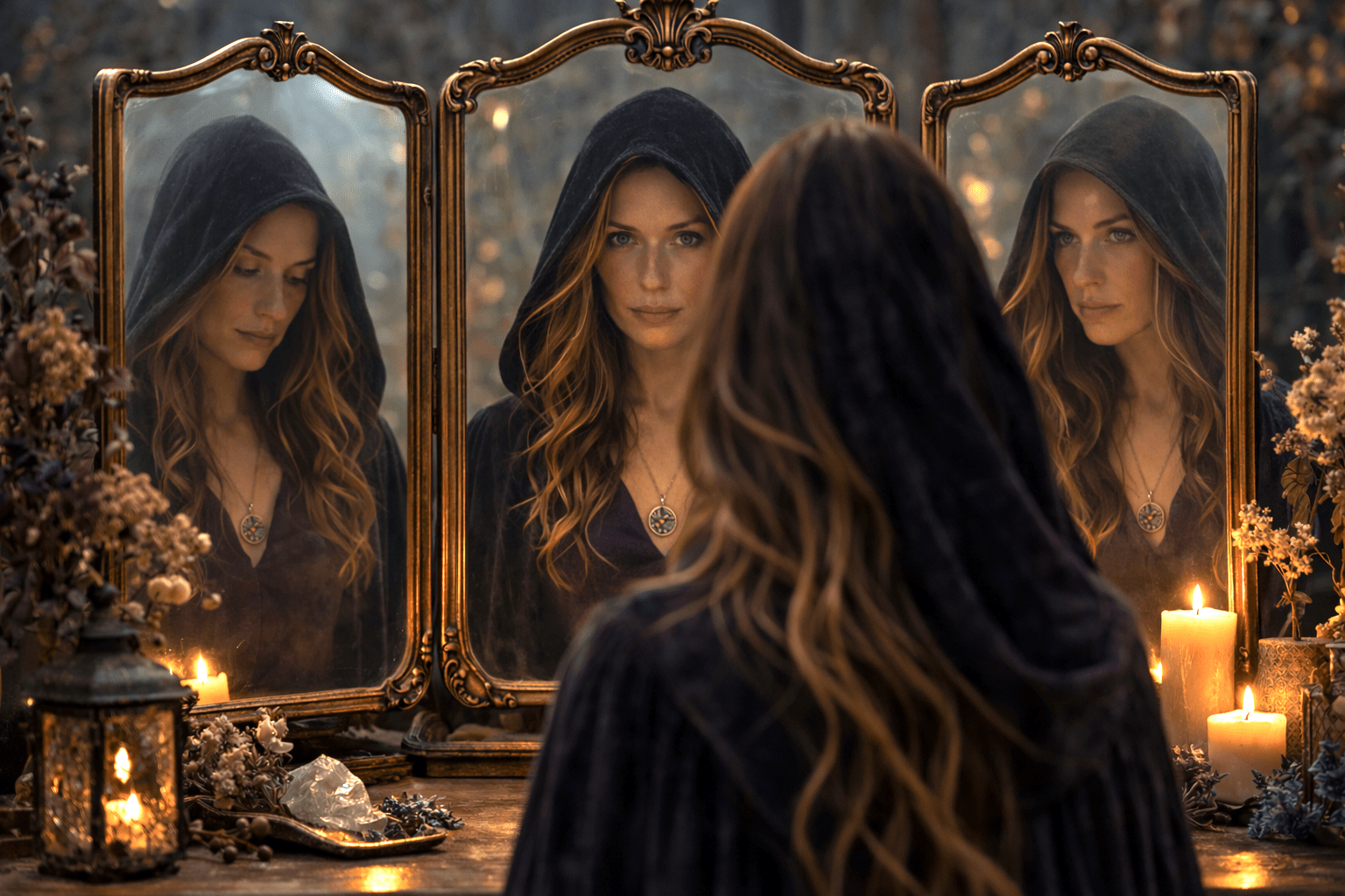 Hooded woman seen from behind standing before three ornate antique mirrors, with her face reflected in each panel at slightly different angles. Warm candlelight, dried flowers, and a lantern surround the vanity, creating a moody mystical atmosphere in soft muted tones.
