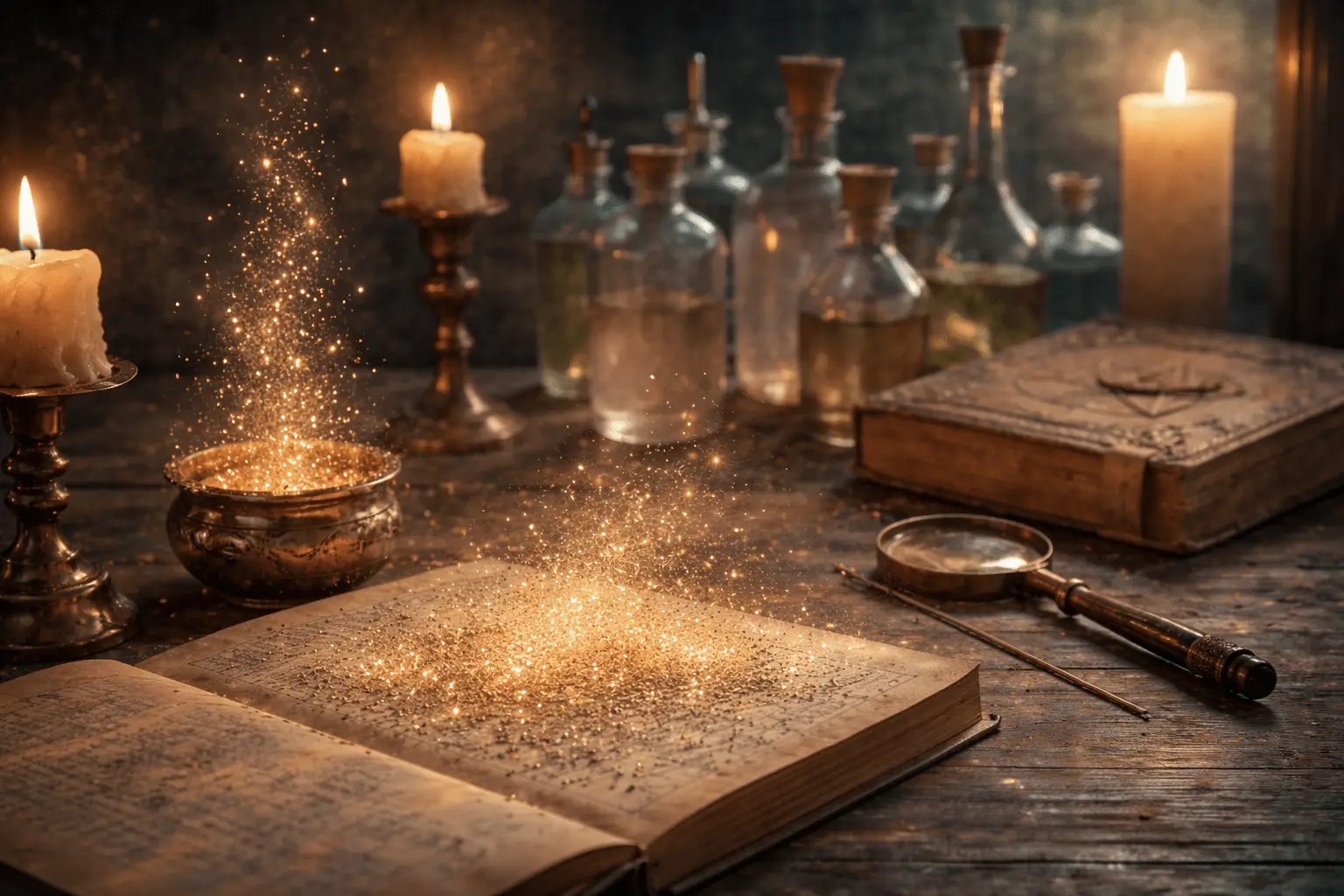 Alchemist workspace symbolizing transmutation, with glowing gold dust rising in sparkles from an open book beside candles and glass bottles.