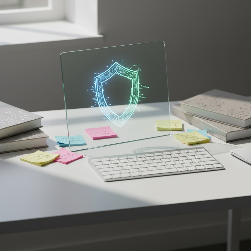 A transparent monitor displaying a cybersecurity shield graphic stands out on a cluttered and well-lit white desk.