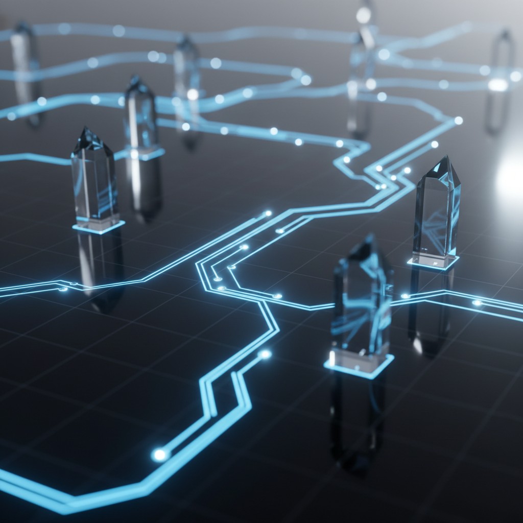 A digital image of blue neon circuit lines in a 3D grid space with crystal structures, modern graphic, abstract, technolog...