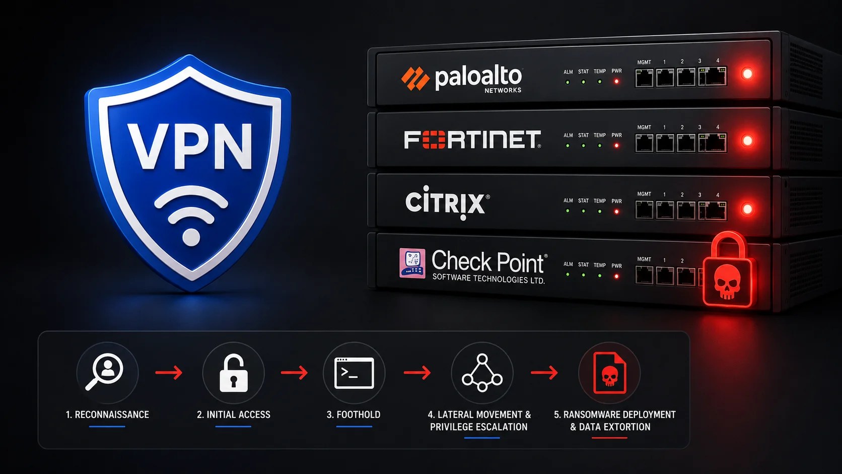 Ransomware Gangs Attack Palo Alto, Fortinet, Citrix, and Check Point VPNs to Target Corporate Networks