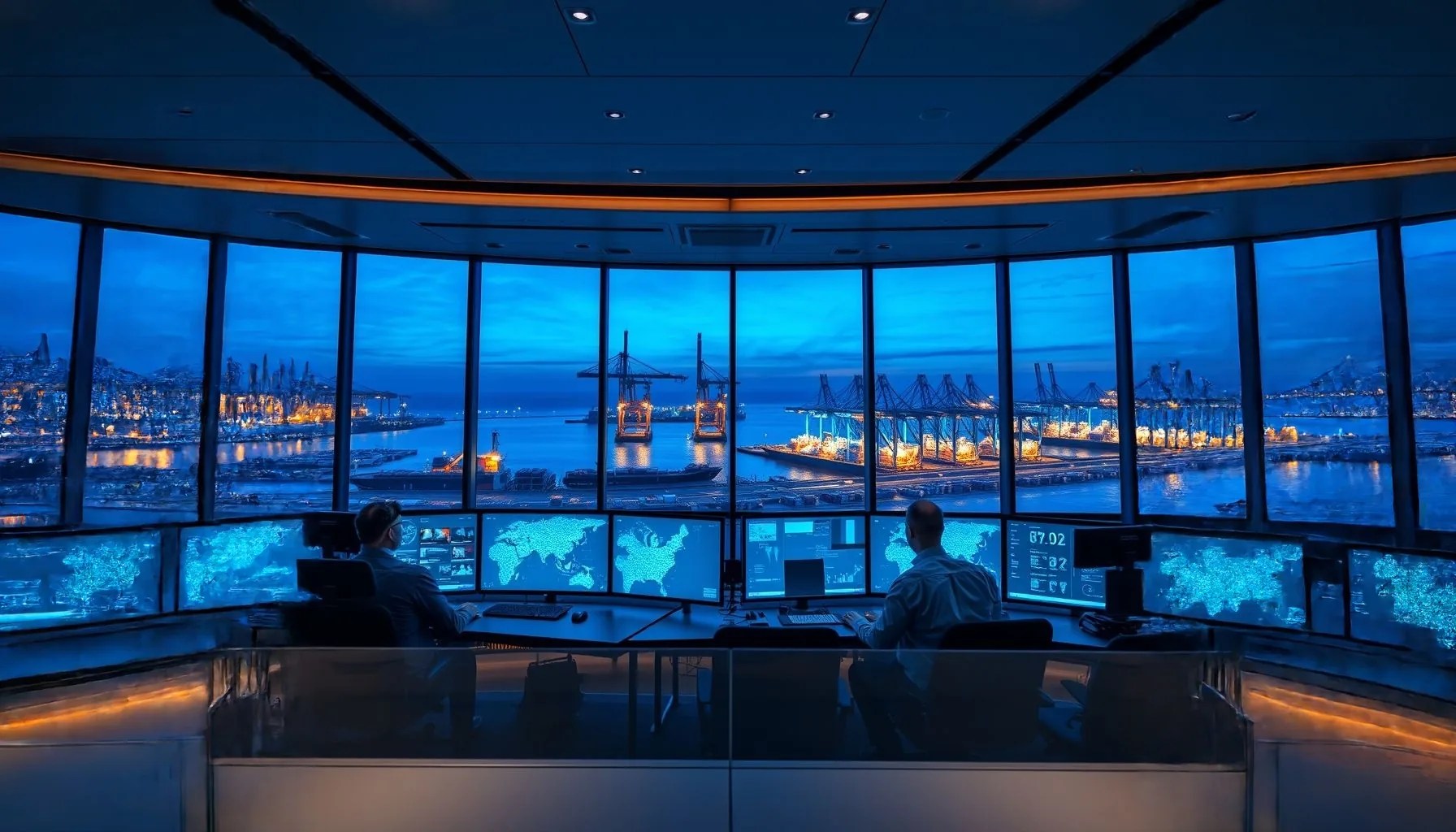 Maritime security operations center at dusk with analysts monitoring network displays overlooking an illuminated container port